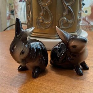 Goebel Ceramic Bunny Figurines (2) Brown Glaze Playful Pair W. Germany